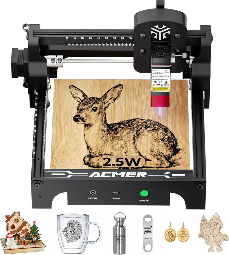 Acmer S1 Laser Engraver 2500mW, Compact Desktop Engraving & Cutting Machine for DIY Crafts, Small Business & Makers, 130×130mm Work Area, 0.04mm Detail Engraving for Wood, Acrylic, Metal Black - Image 1